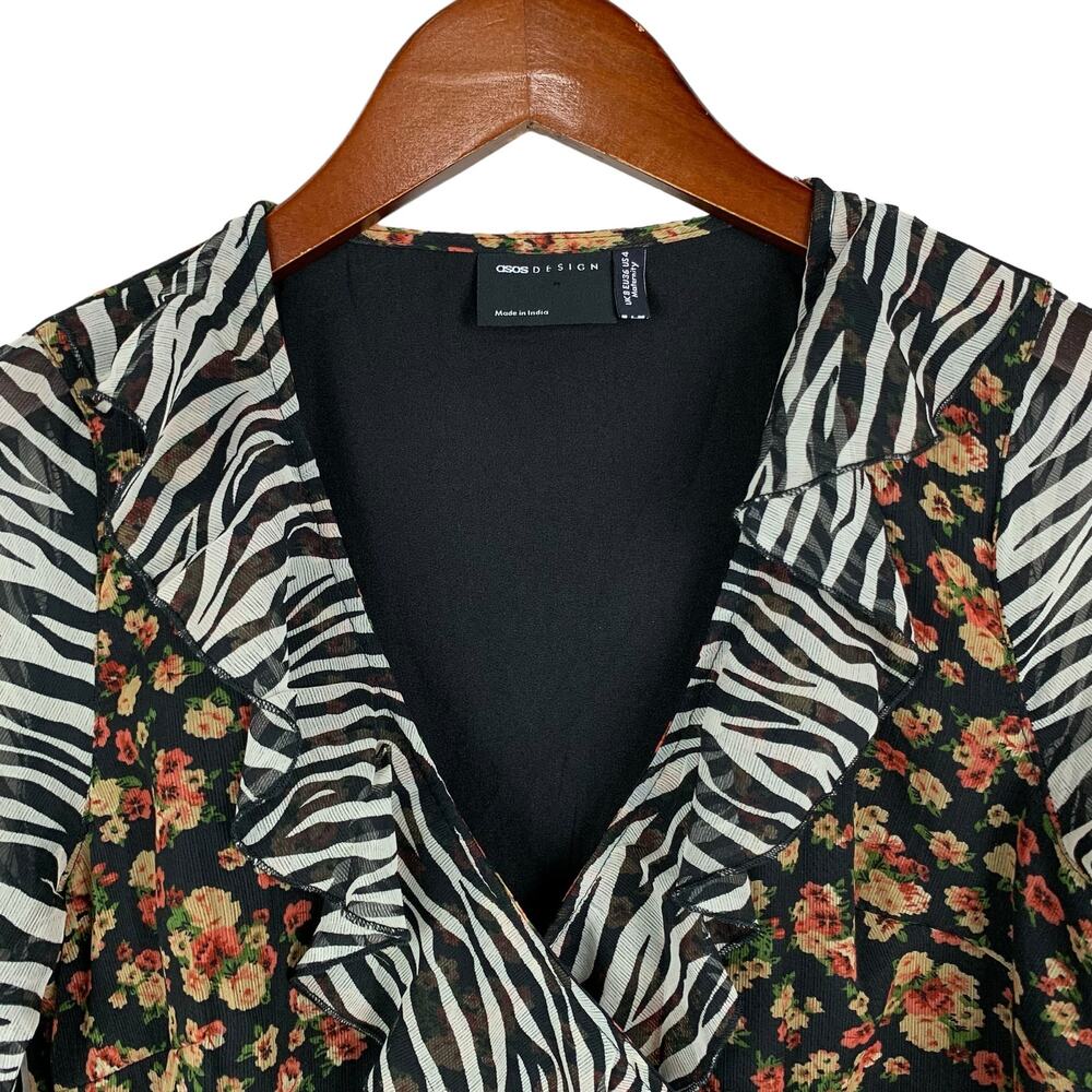 ASOS Design Wrap Mini Dress Zebra Dark Floral Bell Sleeve Ruffle Maternity 4 - Picture 3 of 12